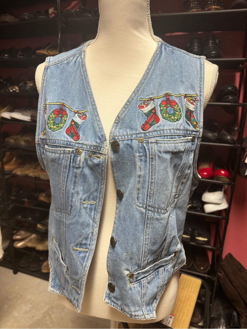 Vintage 90s Solutions Christmas Embroidered Denim Vest Wreath Stockings Size M